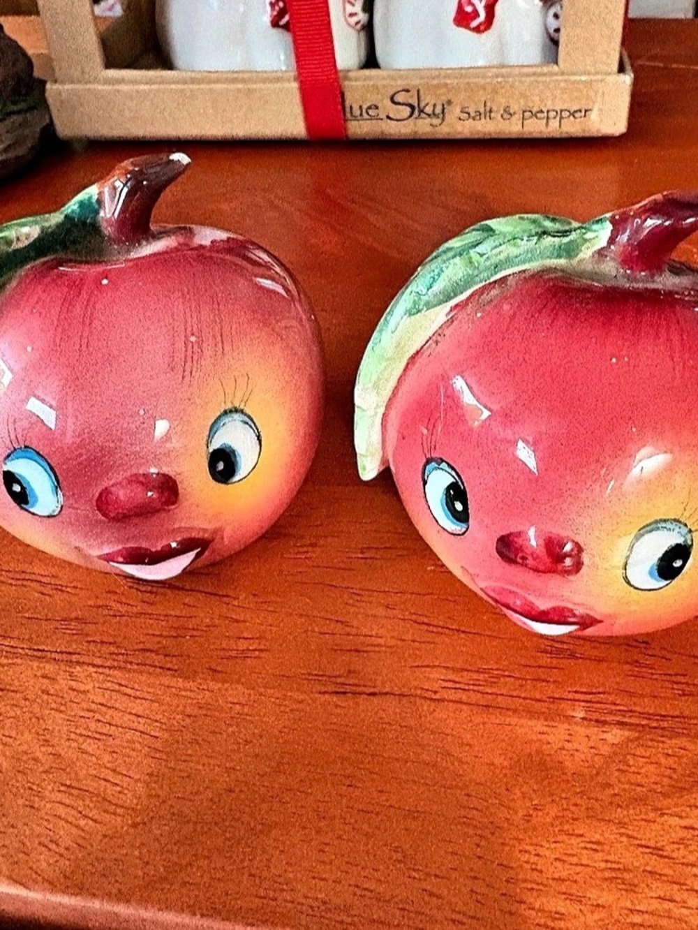Vintage Anthropomorphic Apple Salt and Pepper Shakers Pink & Green